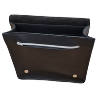 Black leather messenger bag interior with zipper pocket and snap button closure