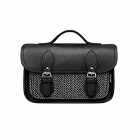 Black leather and tweed micro crossbody satchel, front flap with twin buckle straps