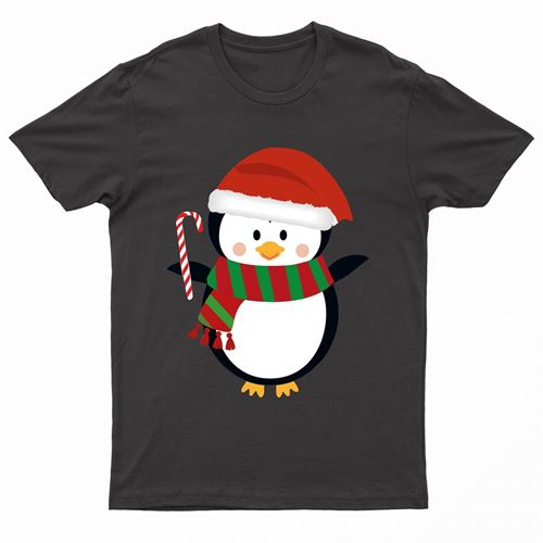 Black adult T-shirt with a Santa penguin wearing a striped scarf and holding a candy cane
