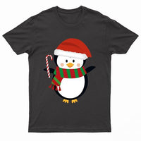 Black adult T-shirt with a Santa penguin wearing a striped scarf and holding a candy cane