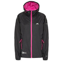 Black women's waterproof jacket with pink lining, front zip and adjustable hood