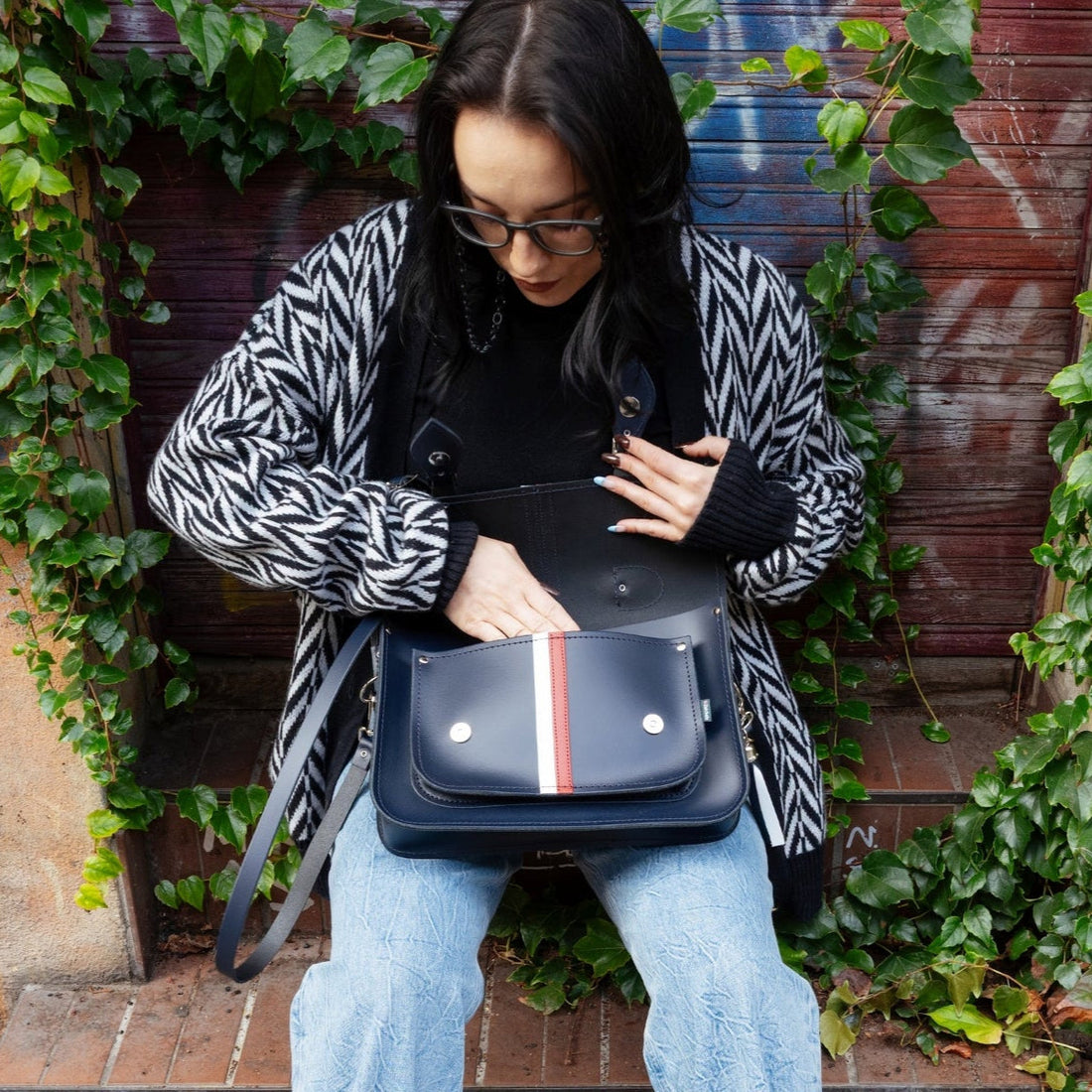 British Edit Handmade Leather Handbag Satchel - Navy with Red & White Stripes-2