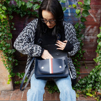 British Edit Handmade Leather Handbag Satchel - Navy with Red & White Stripes-2