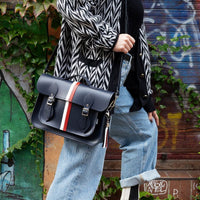 British Edit Handmade Leather Handbag Satchel - Navy with Red & White Stripes-3