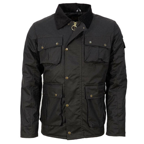Front view of a dark Game Utilitas II wax jacket with corduroy collar and snap-fastened pockets