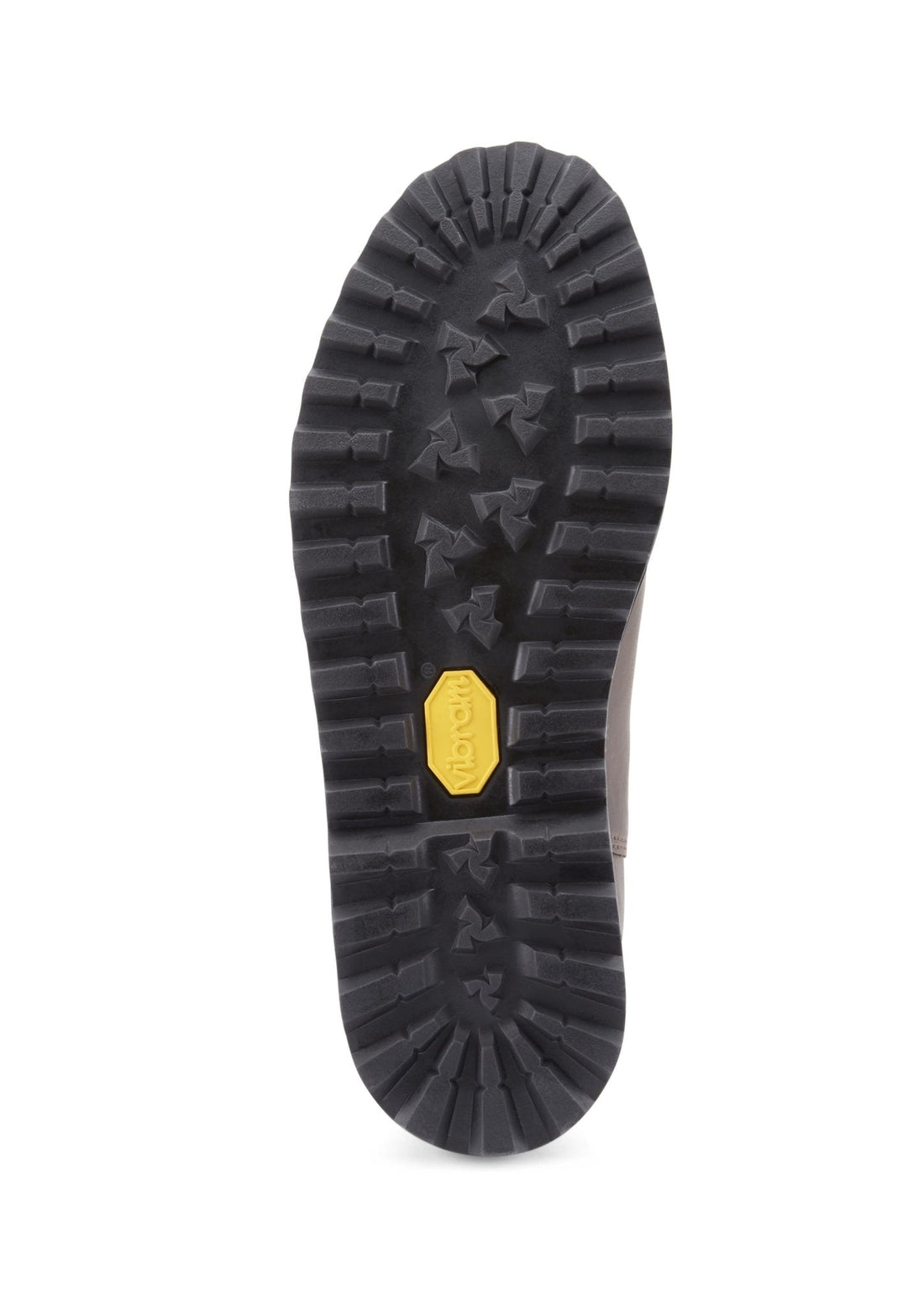 Chelsea boot outsole with deep tread and yellow Vibram badge.