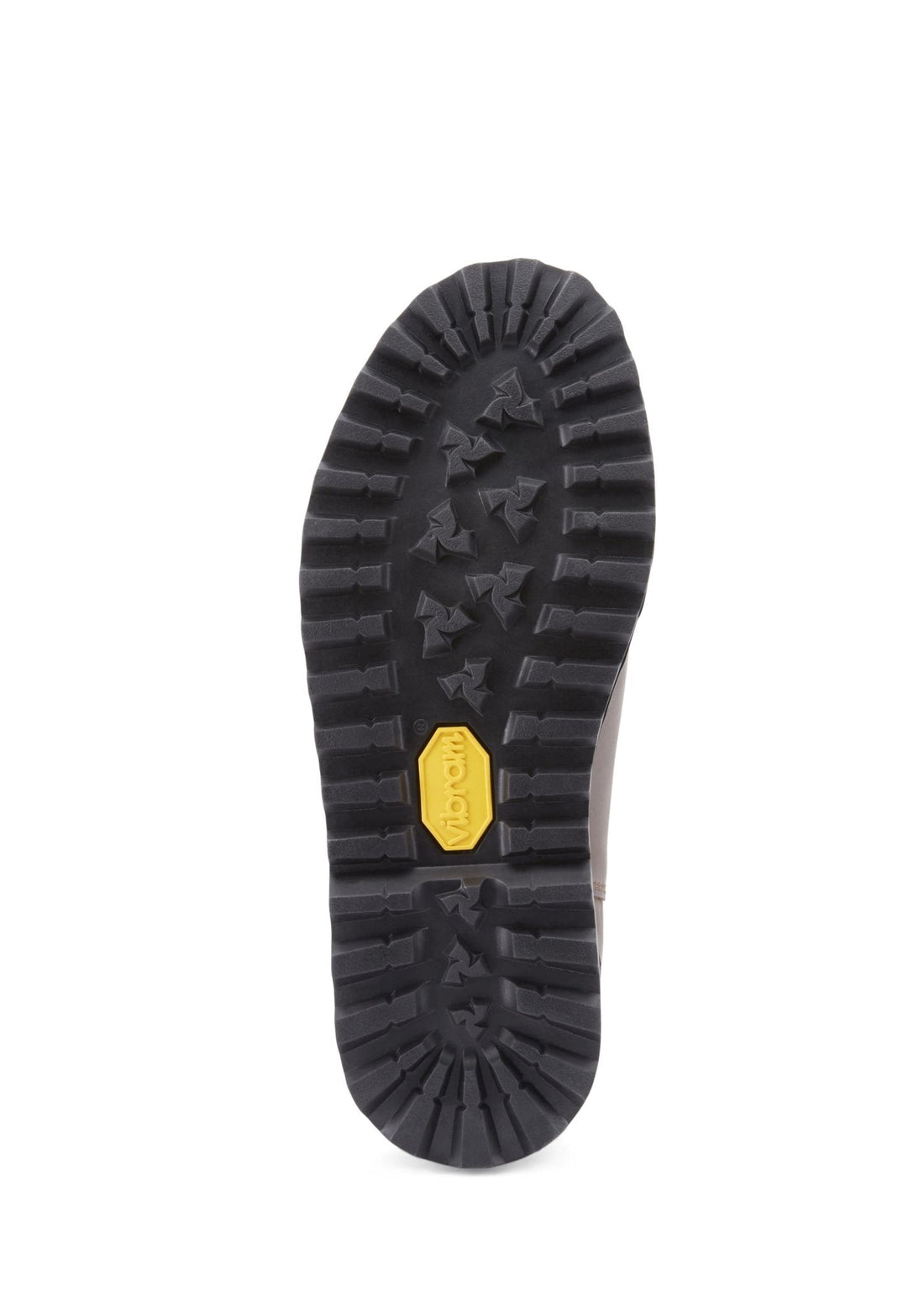 Black lugged boot outsole with a yellow Vibram label