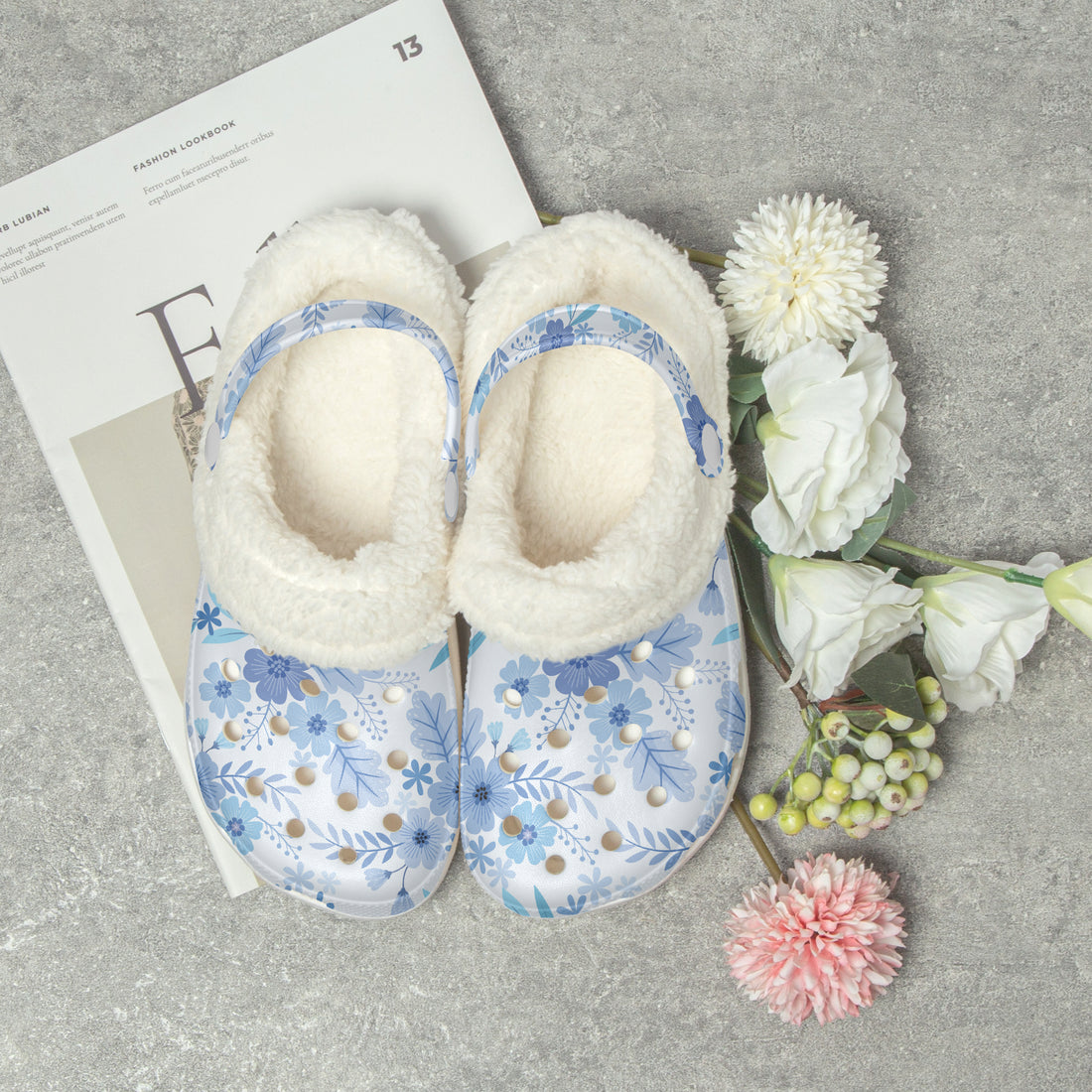 Blue Floral Adult Fluffy Clogs