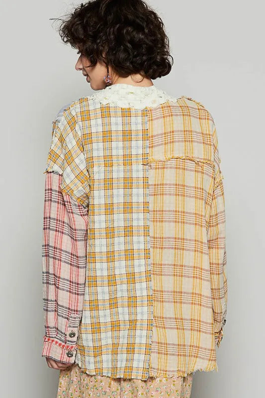 Open-back plaid cardigan with raw-edge hem, multicolor block pattern