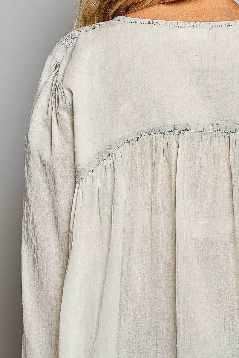 Back yoke detail pale grey embroidered woven shirt with gathered yoke