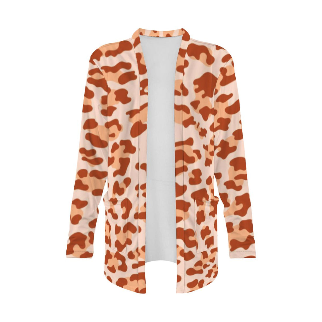 Orange Leopard Print Open-Front Cardigan with Pockets