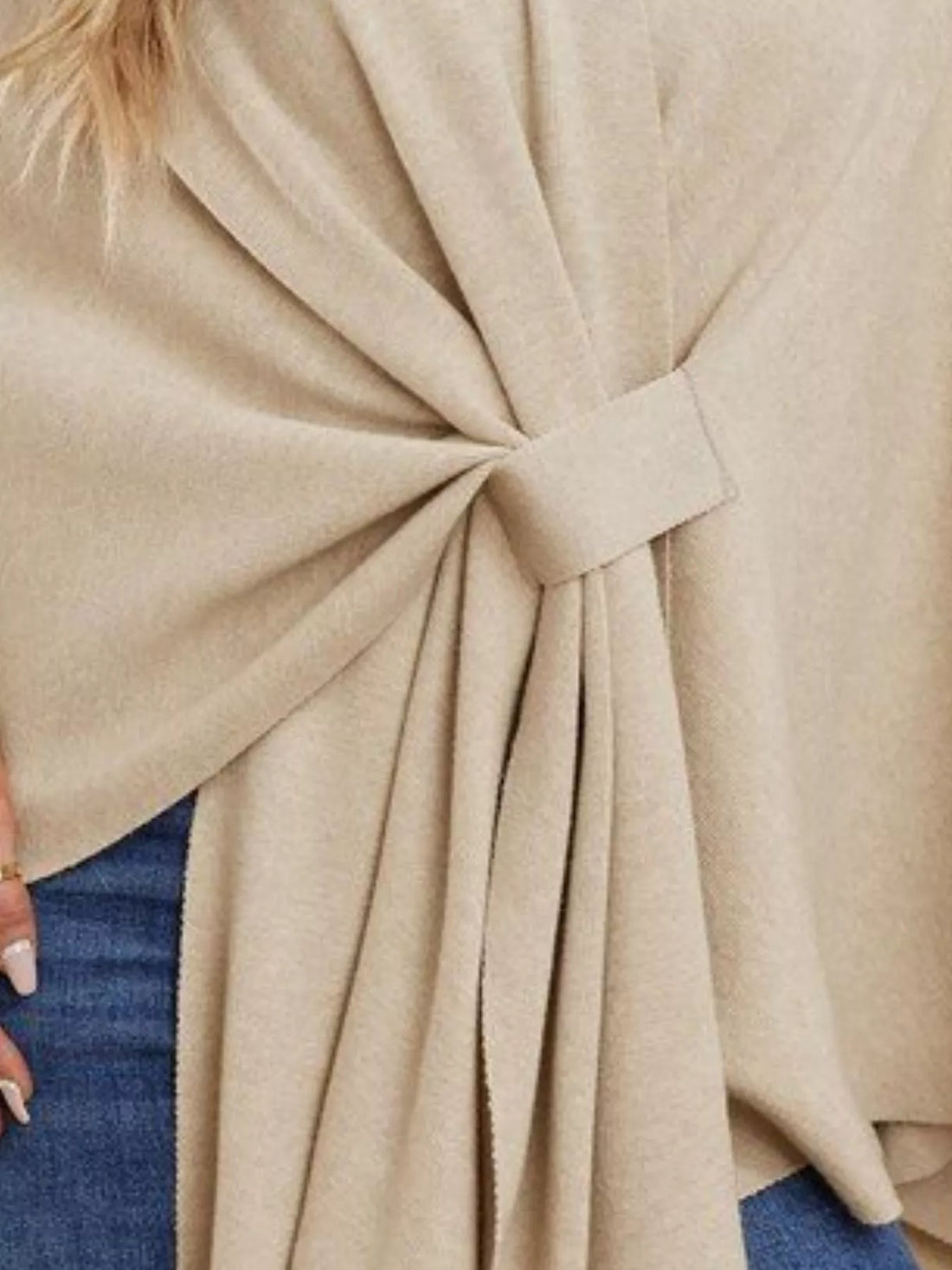 Ivory shawl cape knot and pleated tie at the center front