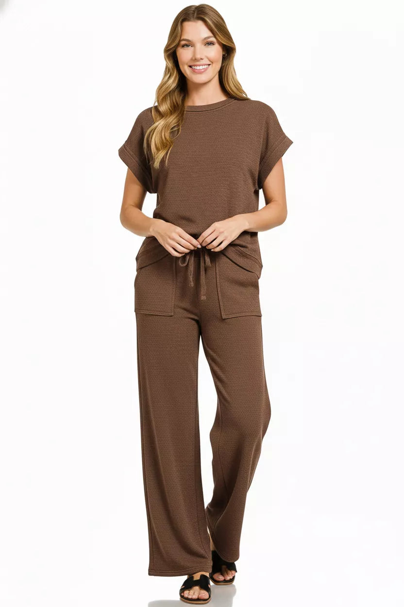 Brown slub cotton short-sleeve tee with matching drawstring pocket pants