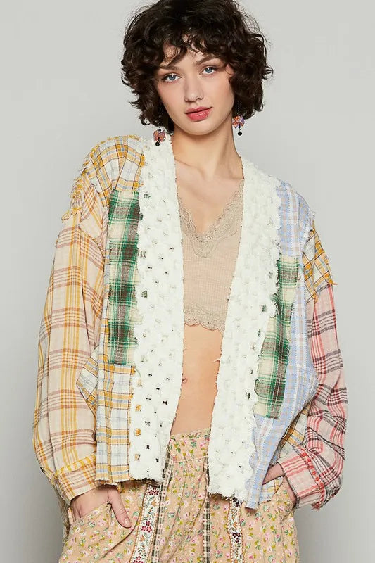 Open-front plaid cardigan with raw-edge trim, yellow blue red patchwork sleeves