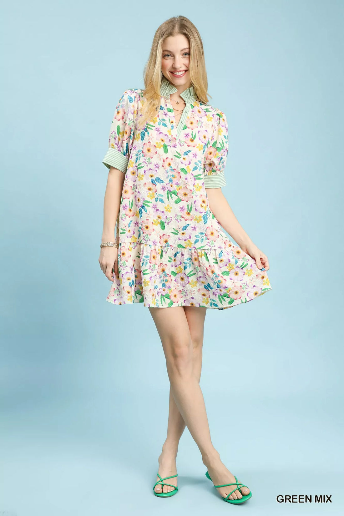 Green floral ruffle-collar tiered babydoll dress with three tiers