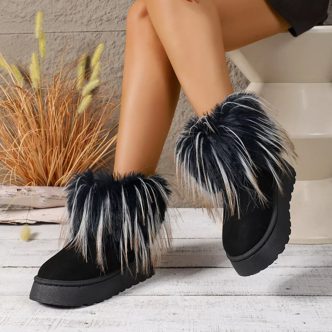 Black fuzzy-trim platform ankle boots with faux fur side cuffs