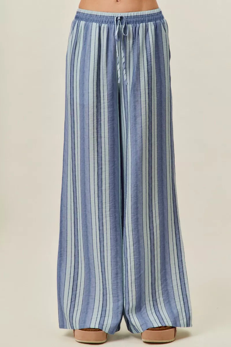 Blue striped wide-leg pull-on pants with elastic waist and drawstring