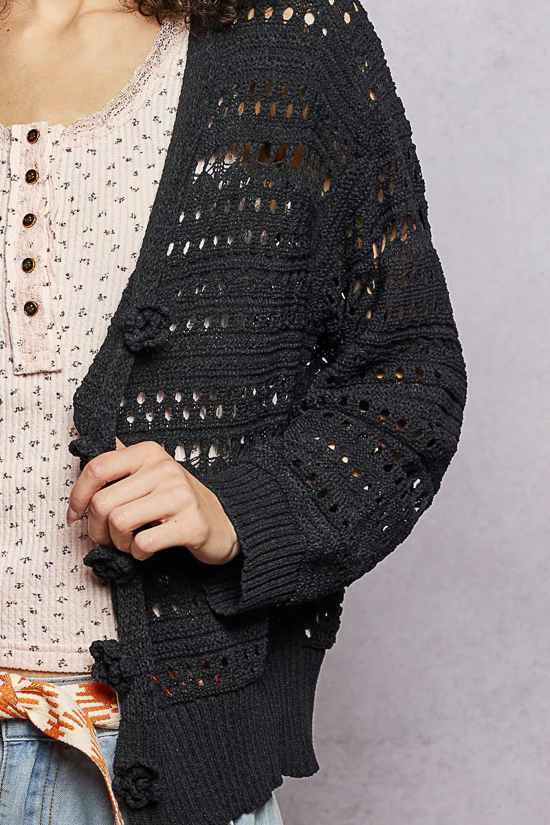 Black open-knit button cardigan close-up of crochet pattern and front buttons