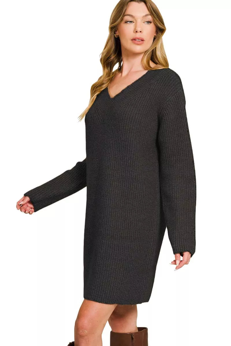Black long-sleeve ribbed sweater dress with V-neckline and knee-length straight cut