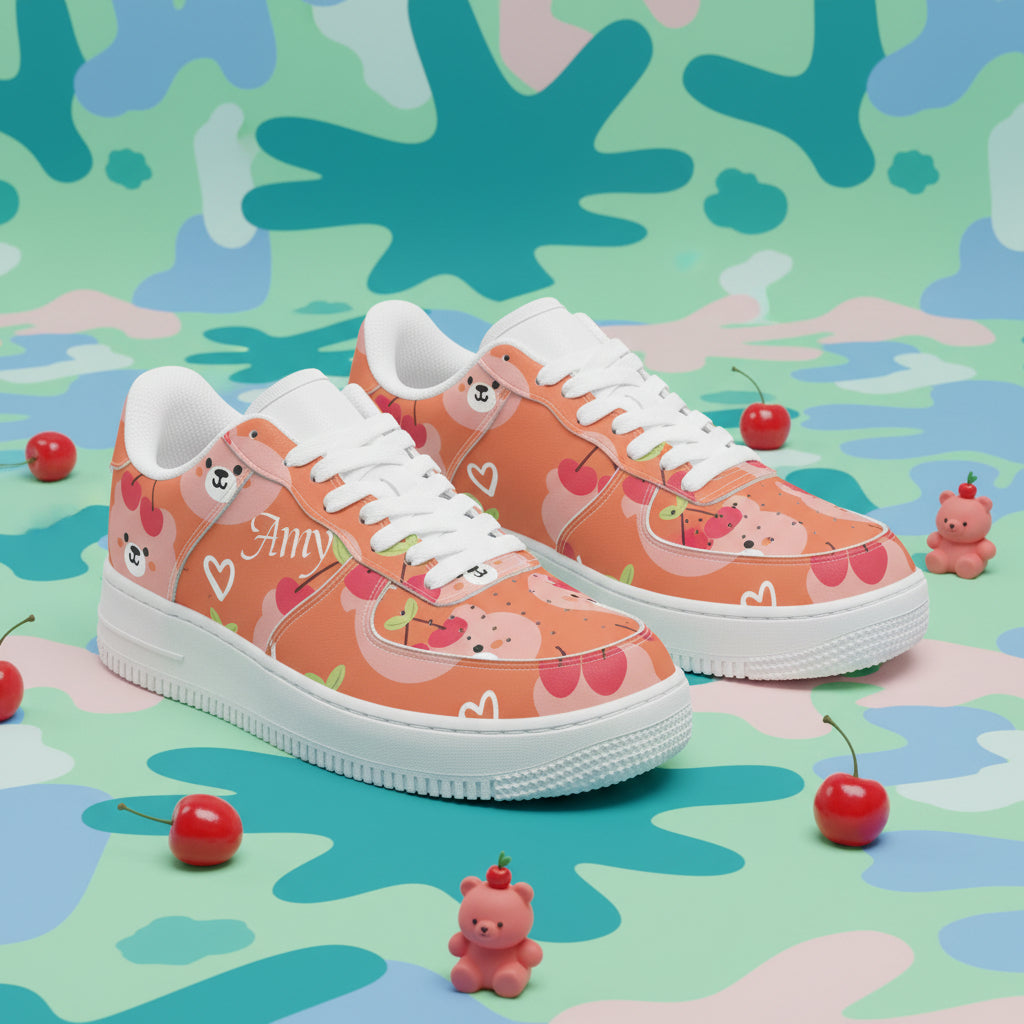 Custom Teddy Bear Low Top Sneakers | Cute Kawaii Cherry Print Shoes