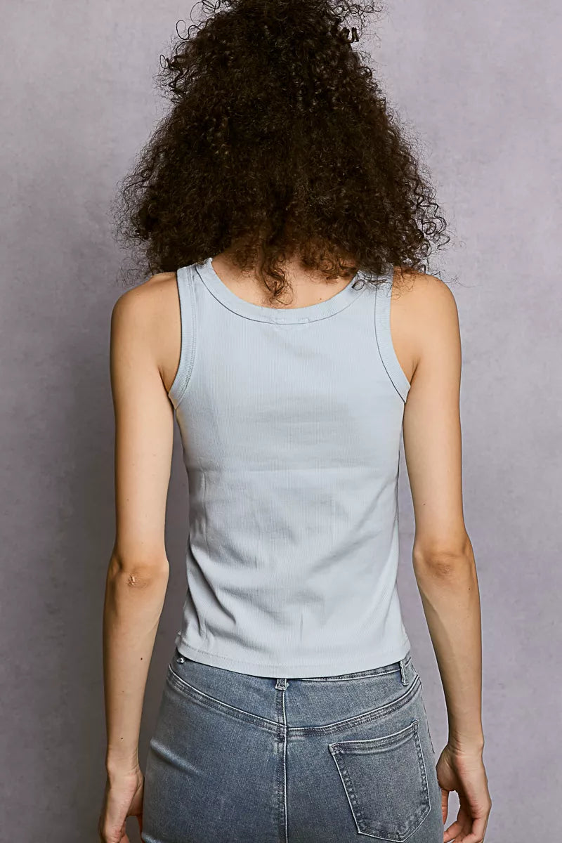 Powder blue ribbed round-neck tank top, back view
