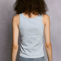 Powder blue ribbed round-neck tank top, back view