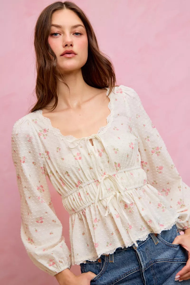 White floral clip-dot peasant blouse with lace-trim scoop neckline and gathered waist