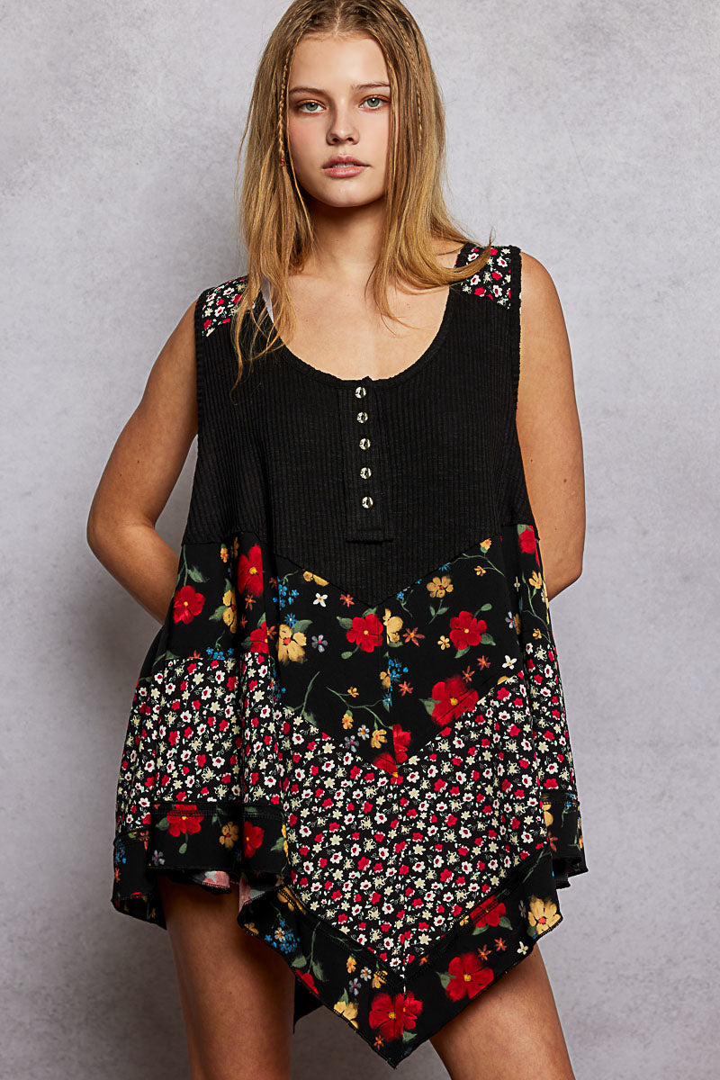 Black ribbed tank top with floral woven print patch and button placket