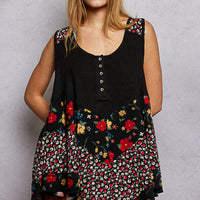 Black ribbed tank top with floral woven print patch and button placket