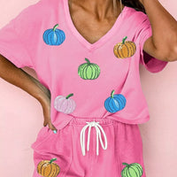 Fuchsia pink V-neck pumpkin print tee with drawstring waist shorts set