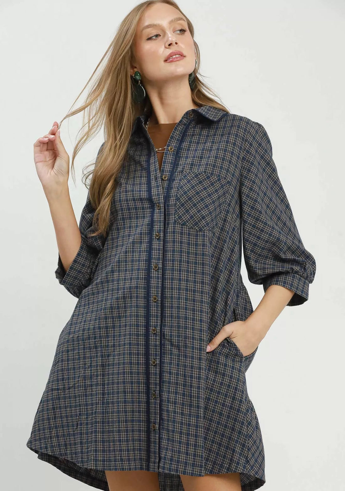 Navy plaid button-down shirt dress with collar, front buttons, and patch chest pocket