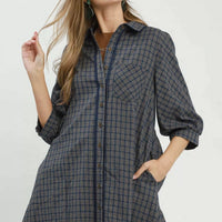 Navy plaid button-down shirt dress with collar, front buttons, and patch chest pocket