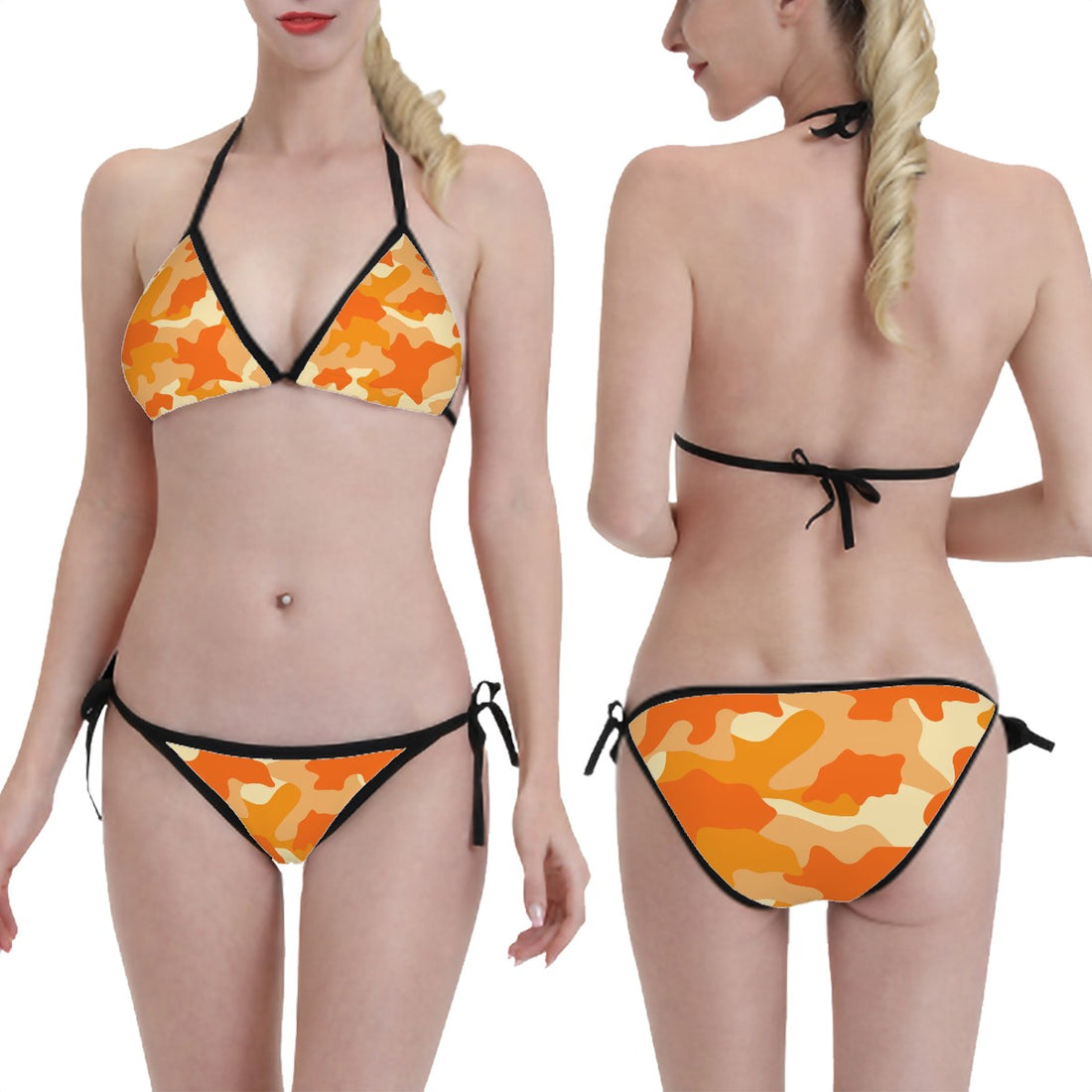 Triangle Bikini Set Orange Camo Print Adjustable String Tie Swimwear