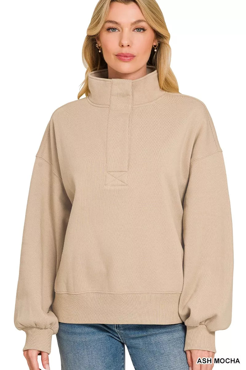 Fleece half-snap sweatshirt in ash mocha with mock neck and balloon sleeves
