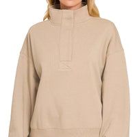 Fleece half-snap sweatshirt in ash mocha with mock neck and balloon sleeves