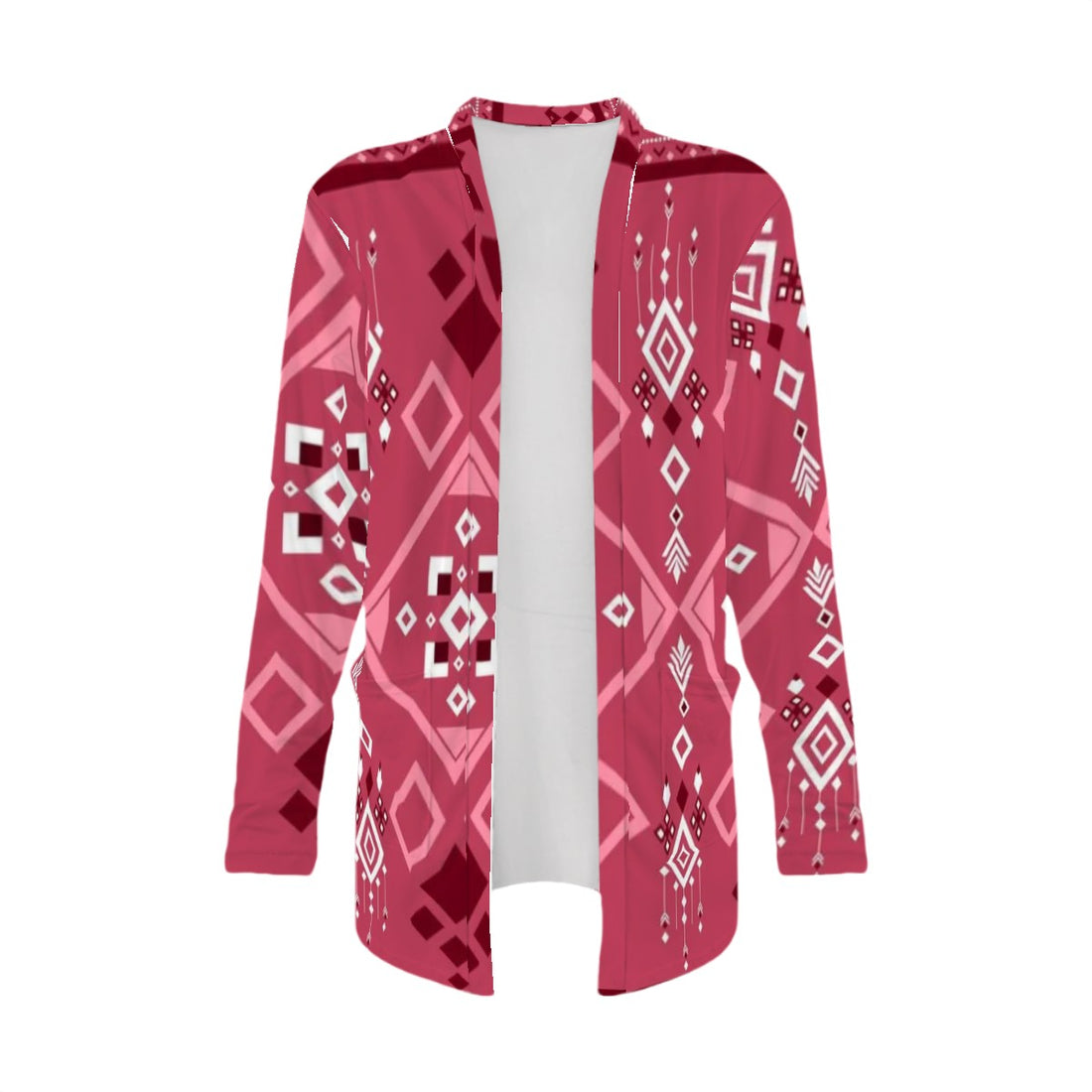 Aztec Print Cardigan. Pink patterned cardigan on a white background