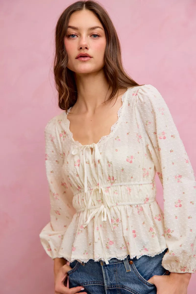 White floral clip-dot lace-trim ruched bodice blouse with long puff sleeves and elastic waist