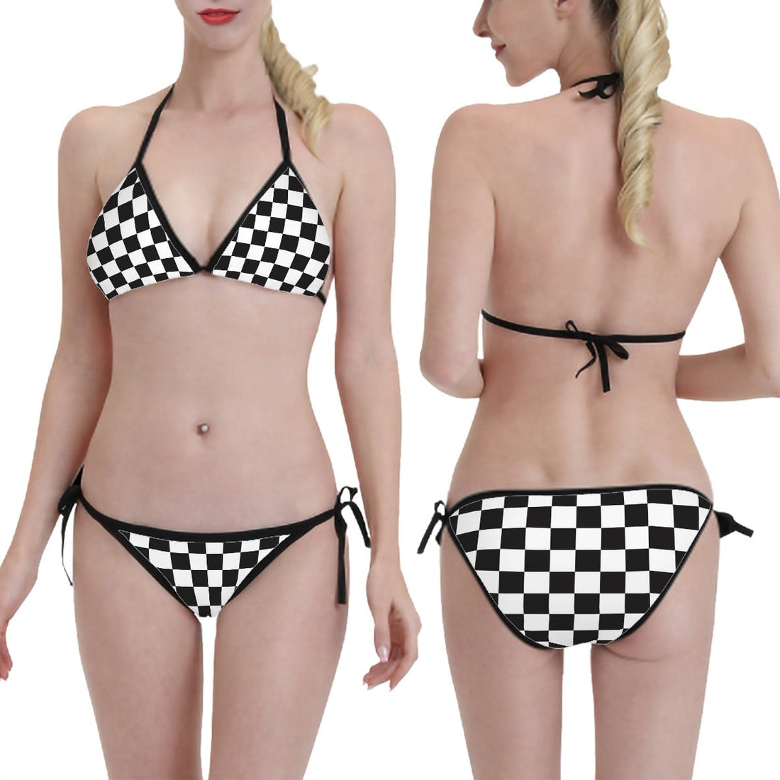 Triangle Bikini Set Black and White Checkerboard Print Adjustable Swimwear