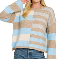 Lightweight color block sweater with sky blue and beige stripe blocks, crew neck