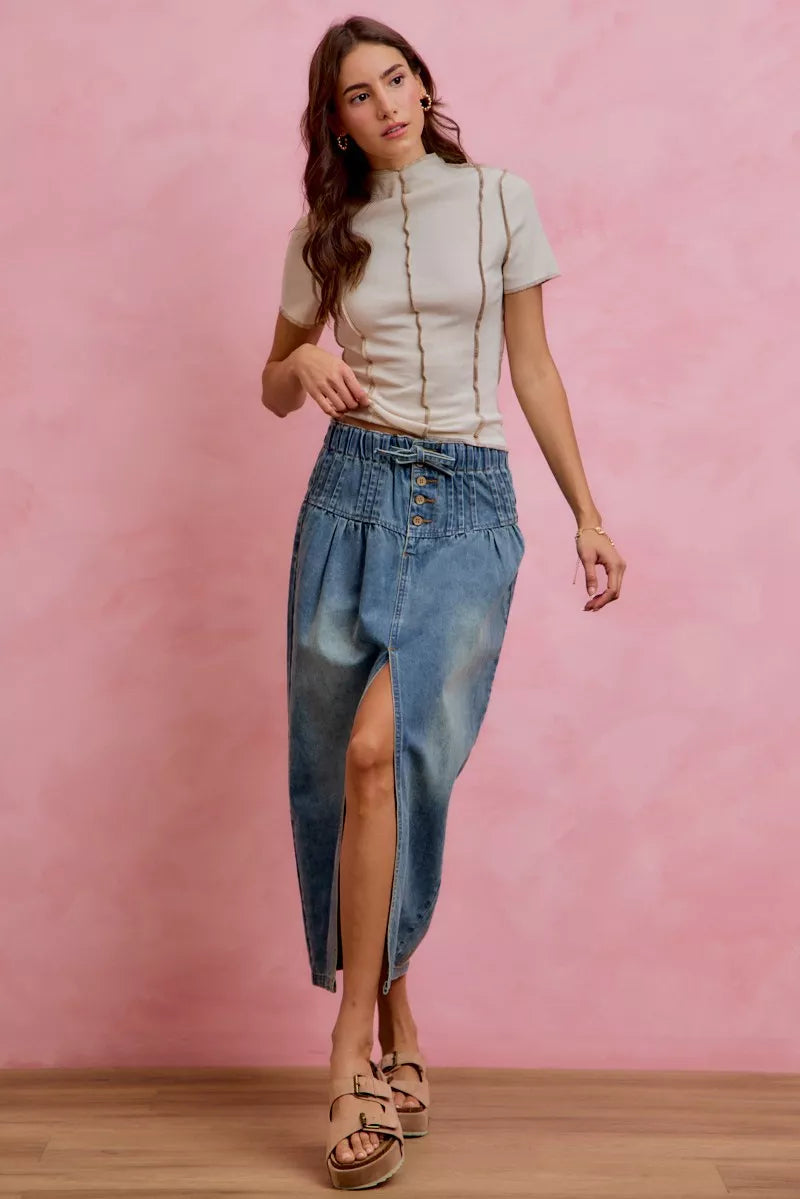 Washed denim midi skirt with front slit and pleated front panels