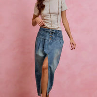 Washed denim midi skirt with front slit and pleated front panels