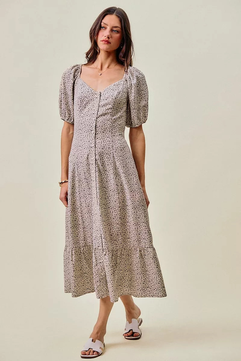 Ditsy floral maxi dress with square neckline, short puff sleeves, elastic waist