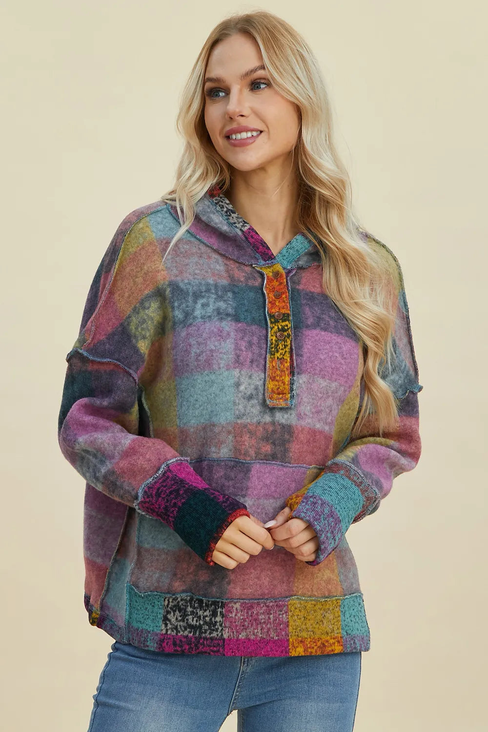 Multicolor plaid fleece hoodie plus size with quarter-zip placket and dropped shoulders