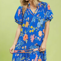 Blue floral mini dress with V-neck and tiered ruffle hem