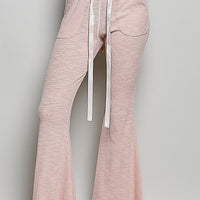 Blush pink ribbed knit drawstring pants, wide leg with long ties