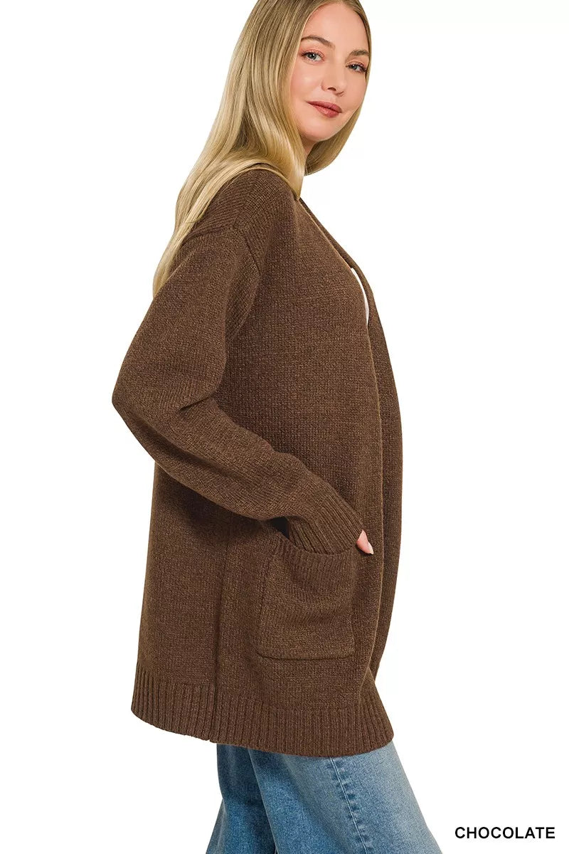 Chocolate-brown open-front knit cardigan with side profile and patch pockets