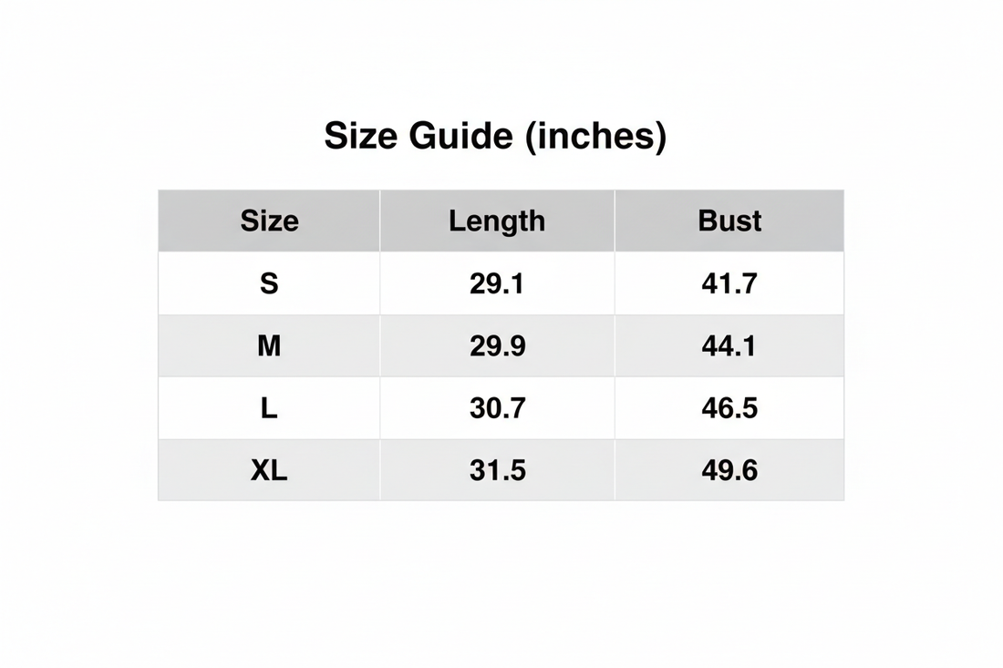 Size guide table showing sweater dress length and bust measurements by size