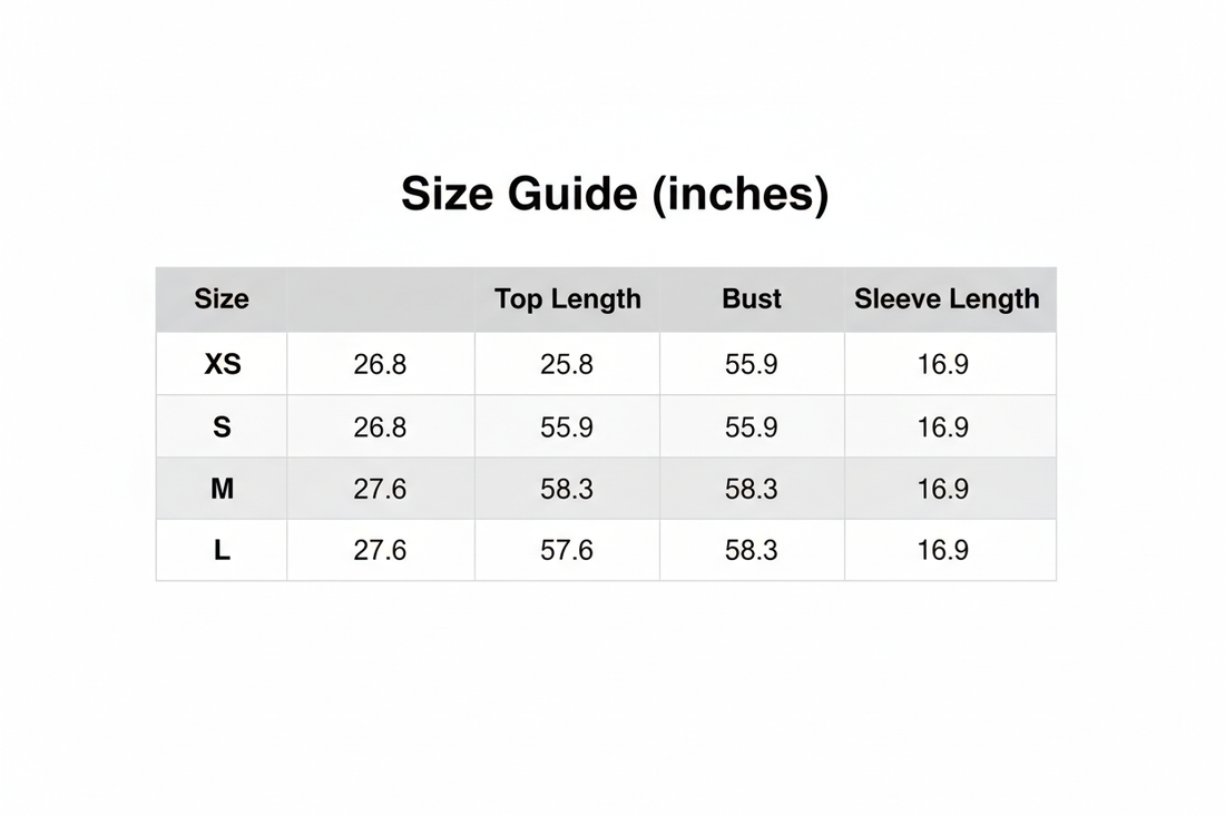 Size guide table (inches) with sizes XS to L and body measurements