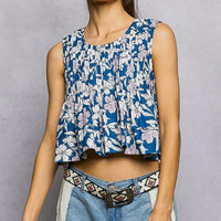 Navy floral sleeveless cropped tank with round neck and gathered pintuck detail