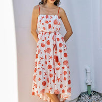 Red shell print tiered midi cami dress with belt, spaghetti straps, sleeveless, lined